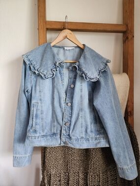 Anthropologie MABLE Light Blue Ruffled Peter Pan Collar Denim Jacket - Sz Small